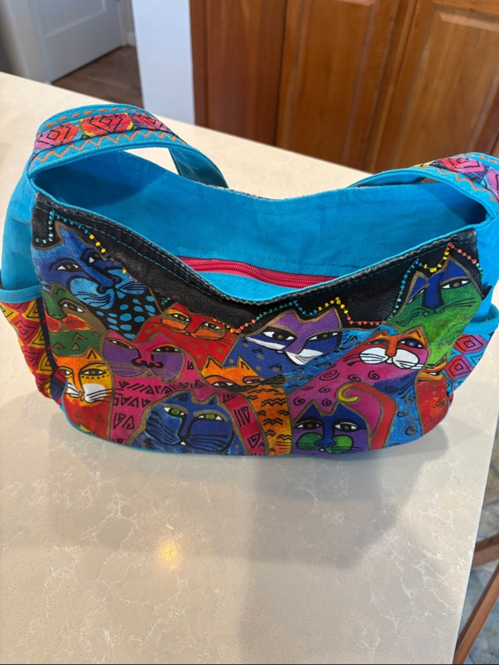 Laurel Busch Colorful Cat Print Shoulder Bag - Turquoise